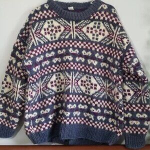 Nepal Hand Knit Wool Nordic Inspired Navy Diamond Motifs UNIQUE Sweater Rustic